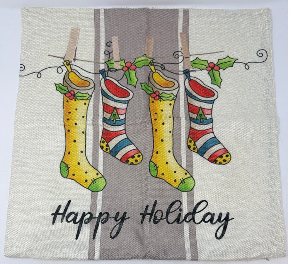 Christmas Stockings Happy Holiday Red Green Decorative Burlap Pillow Cover